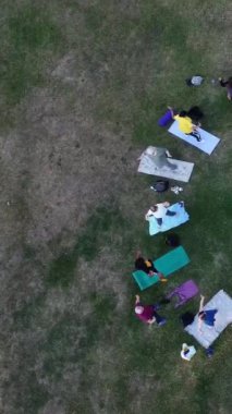 Birlikte Yoga Yapan Kadınlar Grubu Sıcak Yaz Günbatımında Halk Parkı 'nda, Wardown Park Luton İngiltere Havacılık Yüksek Açılı Manzarası' nda