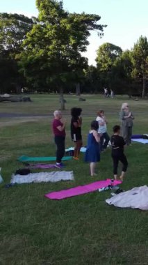 Group of Women Exercising Yoga Together in the Public Park at Sunset of Hot Summer, Aerial High Angle View of Wardown Park Luton England UK