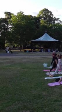 Birlikte Yoga Yapan Kadınlar Grubu Sıcak Yaz Günbatımında Halk Parkı 'nda, Wardown Park Luton İngiltere Havacılık Yüksek Açılı Manzarası' nda