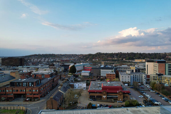 Aerial View of Luton City Residential District, England, Great Britain. Drone's Camera During Sunset