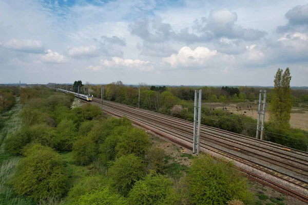 stock image Bedford, England, Great Britain - April 22, 2023: Aerial view of countryside and lake