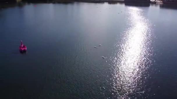 美しいウィレン湖の映像 ミルトン ケインズ市の水の鳥日没時に英国 湖の端で楽しむ人々 — ストック動画