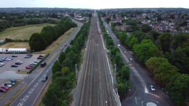 Aerial View High Angle Footage British Railways Trains Tracks Passing — стоковое видео