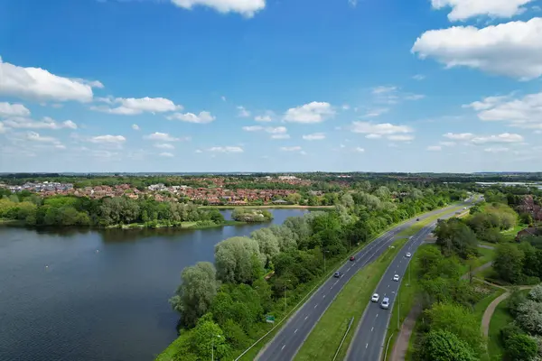 stock image  Milton Keynes, England, United Kingdom - May 21, 2023: aerial view of Caldecotte Lake 