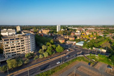 Bedford, İngiltere - 27 Mayıs 2023: Bedford kasabasının havadan görünüşü