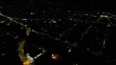 Night Aerial View of Illuminated British City. Drone's Footage of Luton Town of England at Night