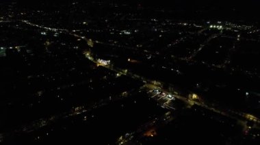 Night Aerial View of Illuminated British City. Drone's Footage of Luton Town of England at Night