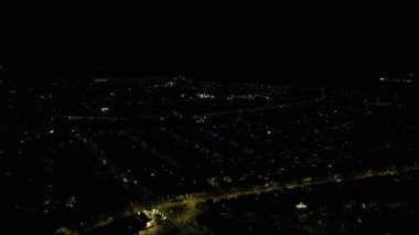 Night Aerial View of Illuminated British City. Drone's Footage of Luton Town of England at Night