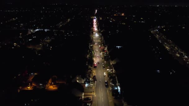 Вид Воздуха Освещенный Британский Город Дороги Ночное Время Запись Освещённого — стоковое видео