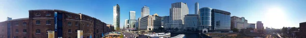 stock image High Angle Panoramic View of Canary Wharf Buildings at Central London City of England Great Britain. The Footage Was Captured with Drone's Camera at Low Altitude on 08-June-2023 During Clear Weather's Warm Day.