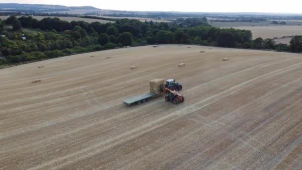 Filmagem Aérea Fazendas Agrícolas Britânicas Máquina Combinadora Trabalho Com Trator — Vídeo de Stock