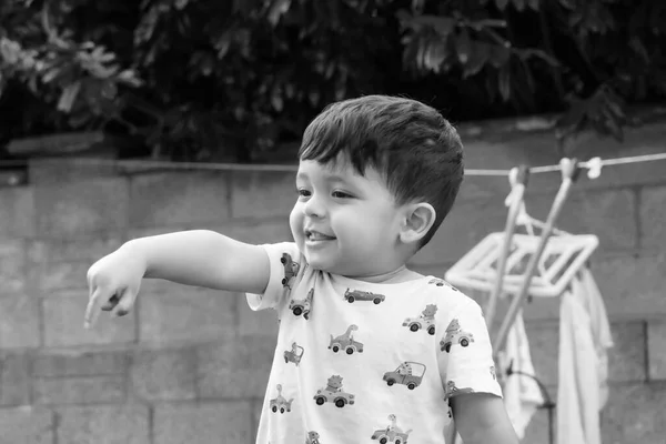 Black White Photo Cute Little Boy — Stock Photo, Image