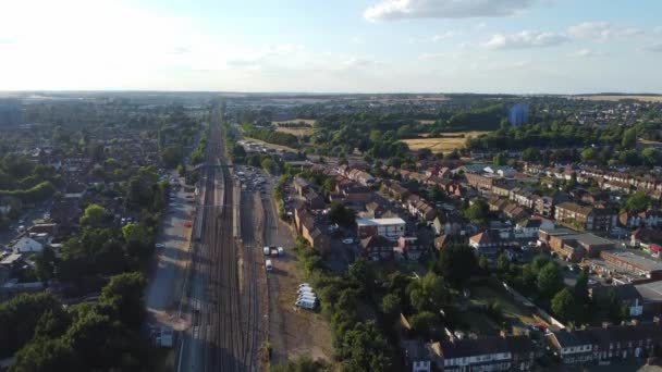 Aerial Footage Train Tracks Which Passing Countryside Bedford City Footage — Stock Video