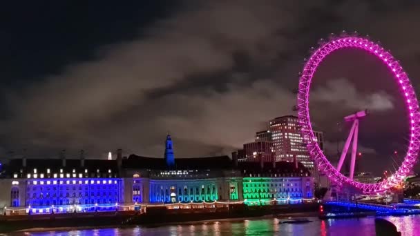 Verlicht Londen Oog Van Rivier Theems Westminster Engeland Groot Brittannië — Stockvideo