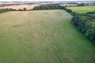İngiliz Tarım Çiftliklerinin Yüksek Açı Görüntüsü Sharpenhoe Clappers 'ın Kırsal Arazisi, Luton Şehri İngiltere Büyük Britanya. Görüntü 19 Ağustos 2023 'te Sunset Time sırasında çekildi.