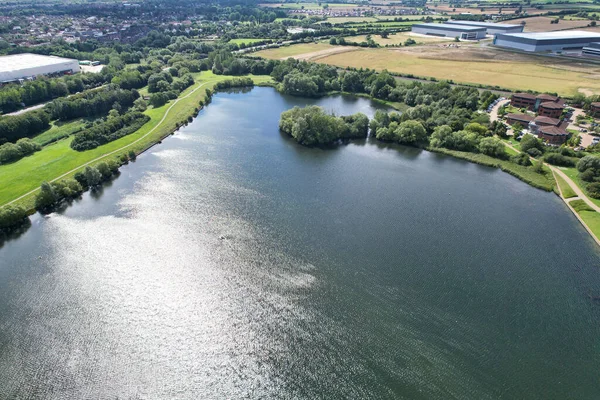 stock image Aerial View of Caldecotte Lake at Milton Keynes City of England UK, the Footage Was captured on August 21st, 2023 with Drone's Camera.