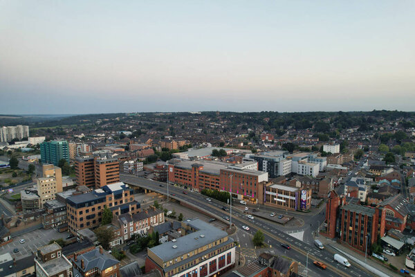 Aerial View of Illuminated Downtown Buildings, Roads and Central Luton City of England UK at Beginning of Clear Weather Night of September 5th, 2023