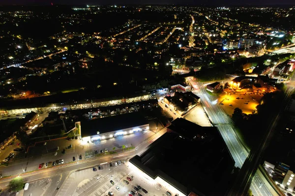Aerial View Illuminated Downtown Buildings Roads Central Luton City England — Stock Photo, Image