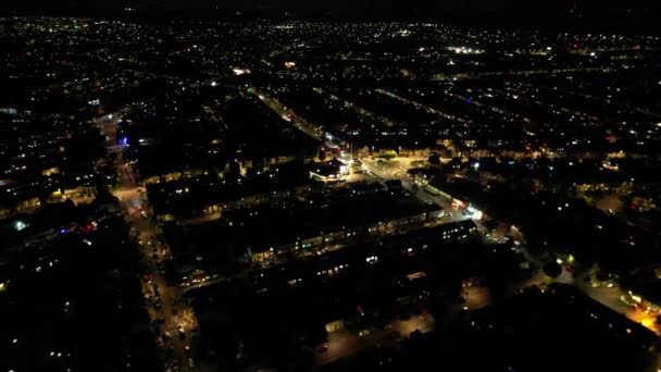 Βρετανική Πόλη Νύχτα Πλάνα Υψηλής Γωνίας Την Κάμερα Του Τηλεκατευθυνόμενου — Αρχείο Βίντεο
