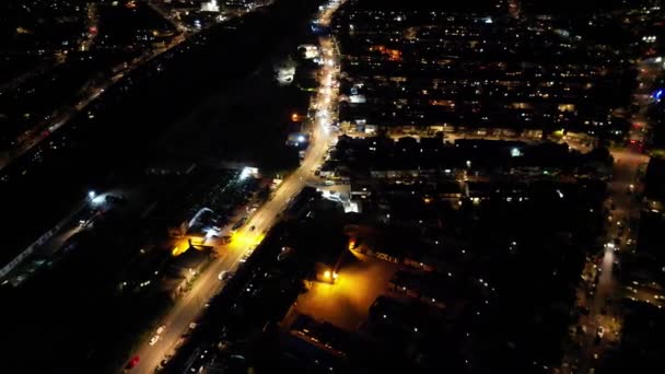 Britské Město Noci Vysokoúhlý Záběr Pořízený Dronovou Kamerou — Stock video