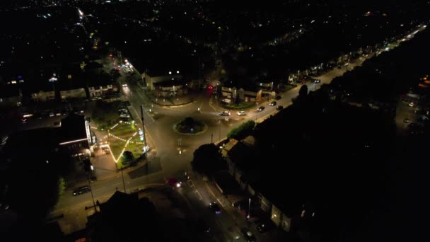 Вид Воздуха Освещенный Британский Город Дороги Ночное Время Запись Освещённого — стоковое видео