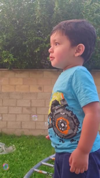Carino Asiatico Pakistano Bambino Ragazzo Godendo Bolle Casa Giardino Luton — Video Stock
