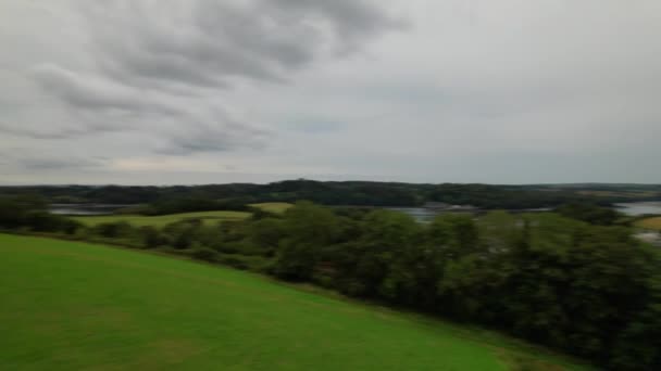 Aerial View People Evening Walk Pet Dog Countryside Cornwall Beach — Stock video