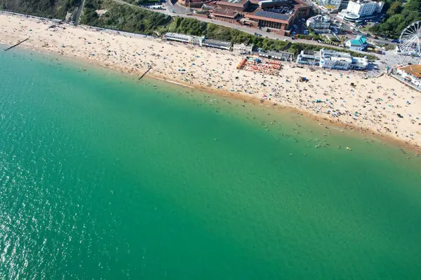 Aerial View of British Tourist Attraction of Bournemouth Beach and Sea view City of England Great Britain UK. High Angle Image Captured with Drone\'s Camera on August 28th, 2023