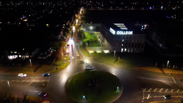 Aerial View Illuminated Road Traffic Roundabout Barnfield College East Luton — Stock video