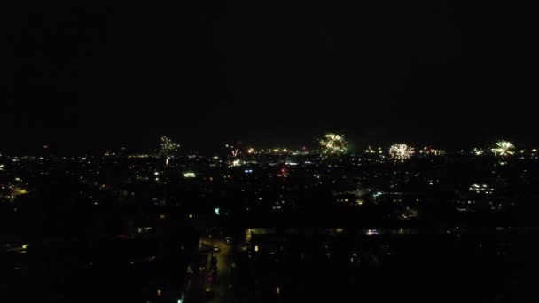 Aerial View Illuminated City Dark Night Live Fireworks New Year — Vídeo de Stock
