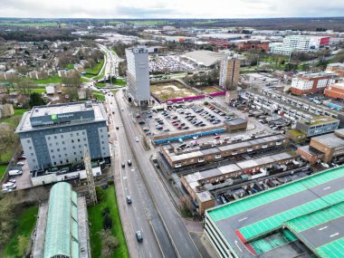 İngiltere 'nin Stevenage City şehir merkezinin en güzel yüksek açılı manzarası. 23 Şubat 2024