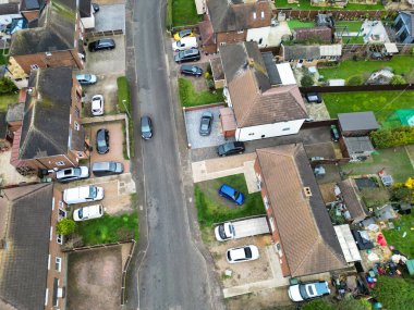 İngiltere 'nin Arlesey şehrinin yüksek açılı görüntüsü. Görüntü Bulutlu ve Yağmurlu Gün 'de çekildi. 28 Şubat 2024