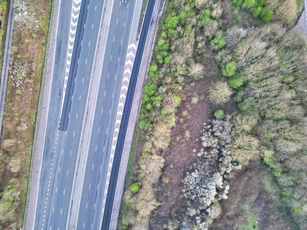 High Angle View of British roads During Sunrise Morning Near Oxford City, Oxfordshire, England United Kingdom. March 23rd, 2024