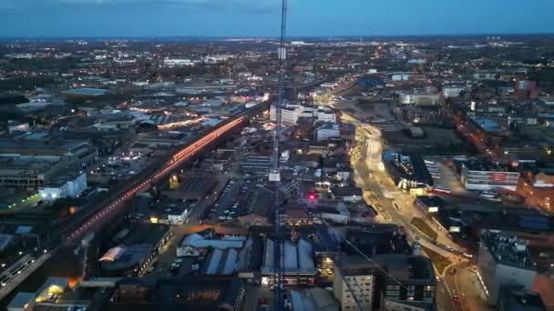Aerial Footage Illuminated Tall Buildings Night Central Birmingham City England — Vídeos de Stock
