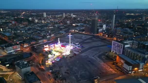 Aerial Footage Illuminated Tall Buildings Night Central Birmingham City England — Vídeos de Stock