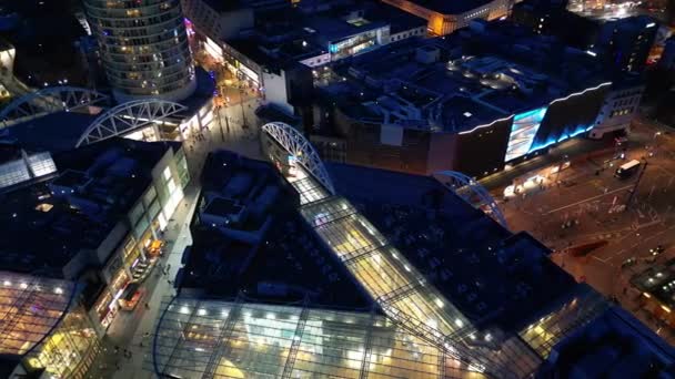 Filmati Aerei Edifici Alti Illuminati Durante Notte Central Birmingham City — Video Stock