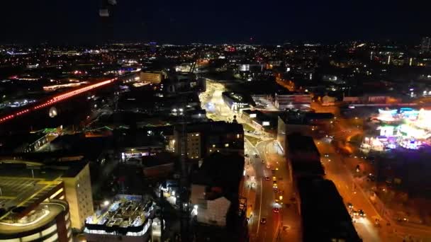 Nagranie Lotnicze Podświetlanych Wysokich Budynków Nocy Central Birmingham City England — Wideo stockowe