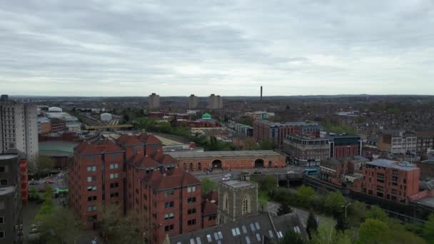 Εναέρια Πλάνα Ιστορικού Downton Leicester City Centre Buildings Κατά Διάρκεια — Αρχείο Βίντεο