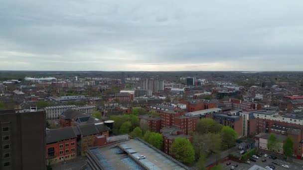 Aerial Footage Historical Downton Leicester City Centre Buildings Cloudy Evening — Stock Video