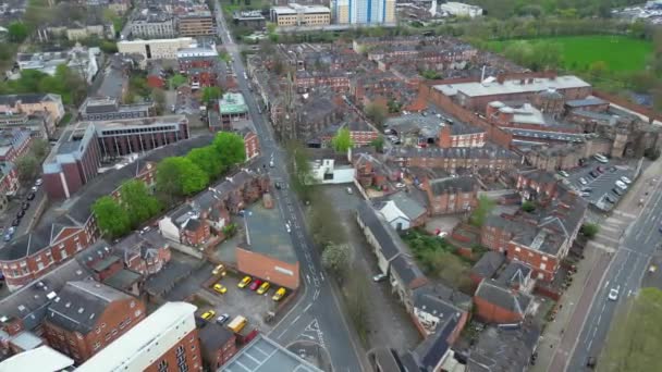 Flygbilder Från Historiska Downton Leicester City Centre Building Molnig Kväll — Stockvideo