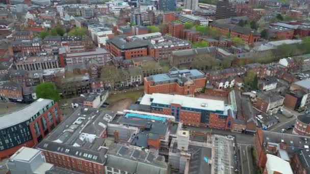 Aerial Footage Historical Downton Leicester City Centre Buildings Cloudy Evening — Stock Video