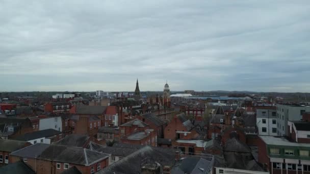 Flygbilder Från Historiska Downton Leicester City Centre Building Molnig Kväll — Stockvideo
