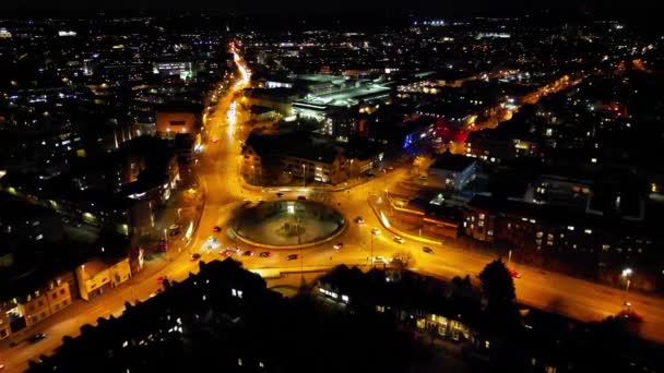 Воздушный Ночной След Иллюминированного Центрального Кембриджского Города Кембриджшир Англия Великобритания — стоковое видео