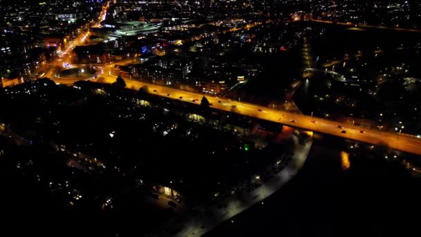 Aerial Night Footage Illuminated Central Cambridge City Cambridgeshire England United — Stock Video