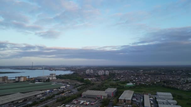 Воздушный След Английского Портового Города Тилбери Время Восхода Солнца Апреля — стоковое видео