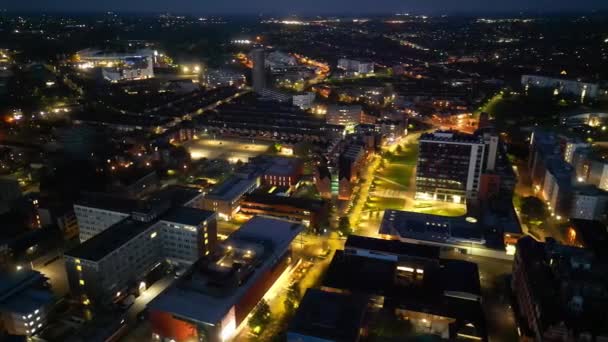 Vista Aérea Illuminated Central Leicester City England Reino Unido Abril — Vídeos de Stock