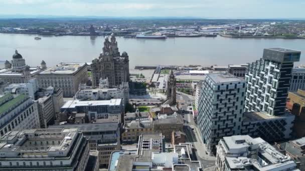 Aerial View Historical Modern British City Centre Liverpool Maritime City — Stockvideo