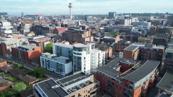 Aerial View Historical Modern British City Centre Liverpool Maritime City — ストック動画