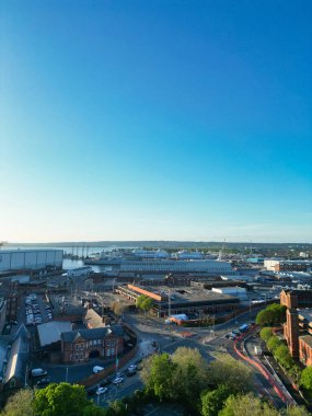 High Angle View of Portsmouth City Centre Located at Beach and Docks of England United Kingdom. Image Was Captured with Drone's Camera on May 15th, 2024. clipart