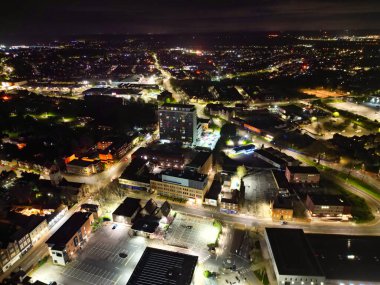 Aerial View of Illuminated Central Bedford City of England United Kingdom During Night. April 5th, 2024, High Angle Footage Was Captured after Sunset and Beginning of Night with Drone's Camera clipart